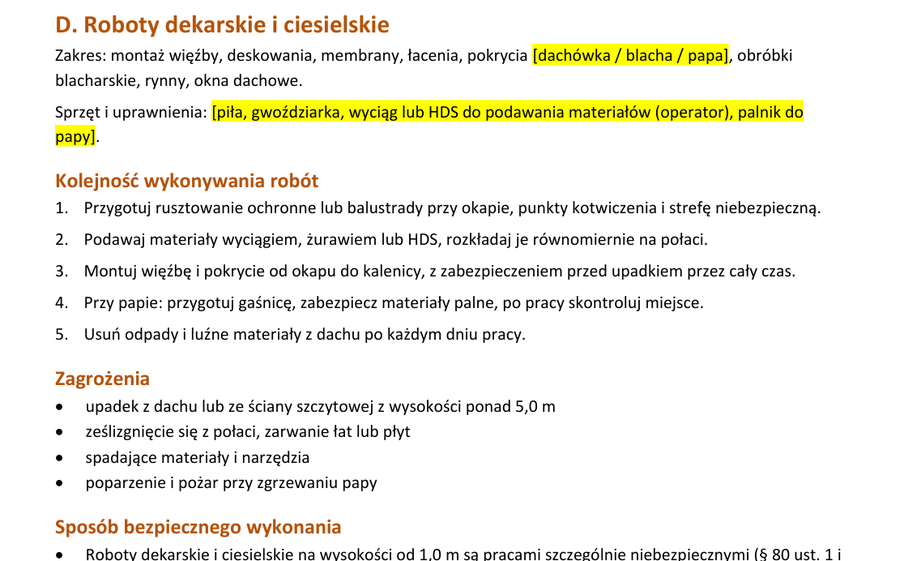 Moduł D instrukcji IBWR: roboty dekarskie i ciesielskie, kolejność robót i zagrożenia