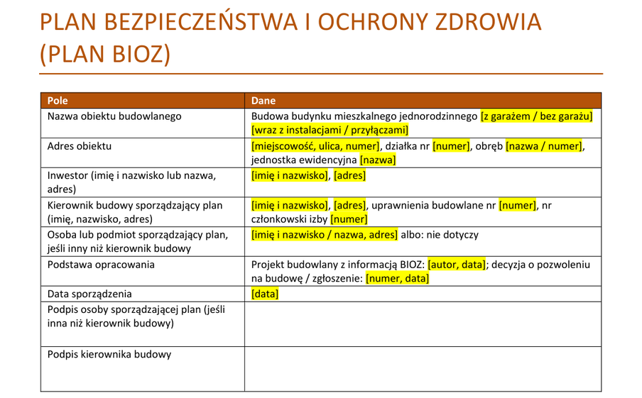 Strona tytułowa planu BIOZ: tabela z polami obiektu, adresu, inwestora, kierownika budowy i podpisów, pola do wypełnienia podświetlone na żółto